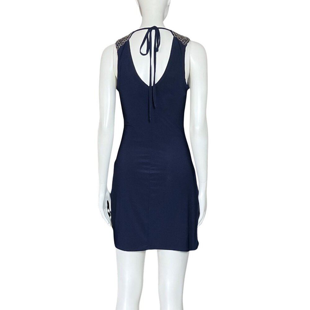 Vintage Y2K Navy Blue Beaded Cocktail Hoco Dress. S/M. Silver Boho Glam Party - Picture 5 of 14